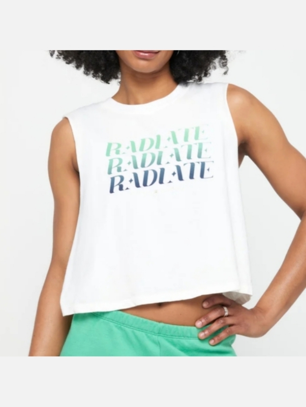 Spiritual Gangster White Crop Tank w/ Green & Navy 'Radiate' Print Women's Sz XL